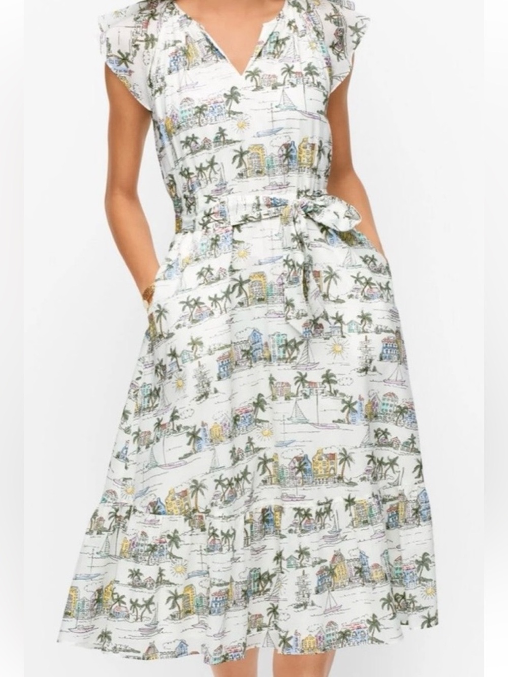 Talbots White Printed Ruffle V‑Neck Tie‑Waist Midi Dress Scenic Curacao Print